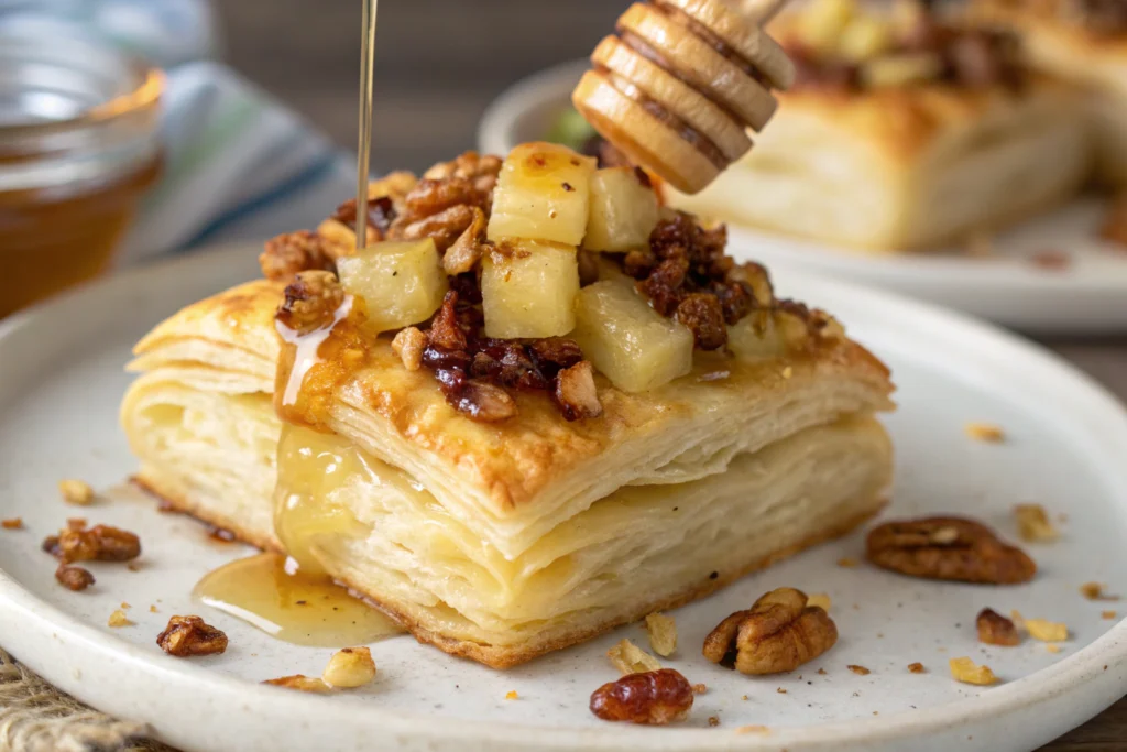 Crispy puff pastry bundle filled with fresh apple slices grated cheddar cheese caramelized onions honey glaze and chopped pecans on light gray countertop
