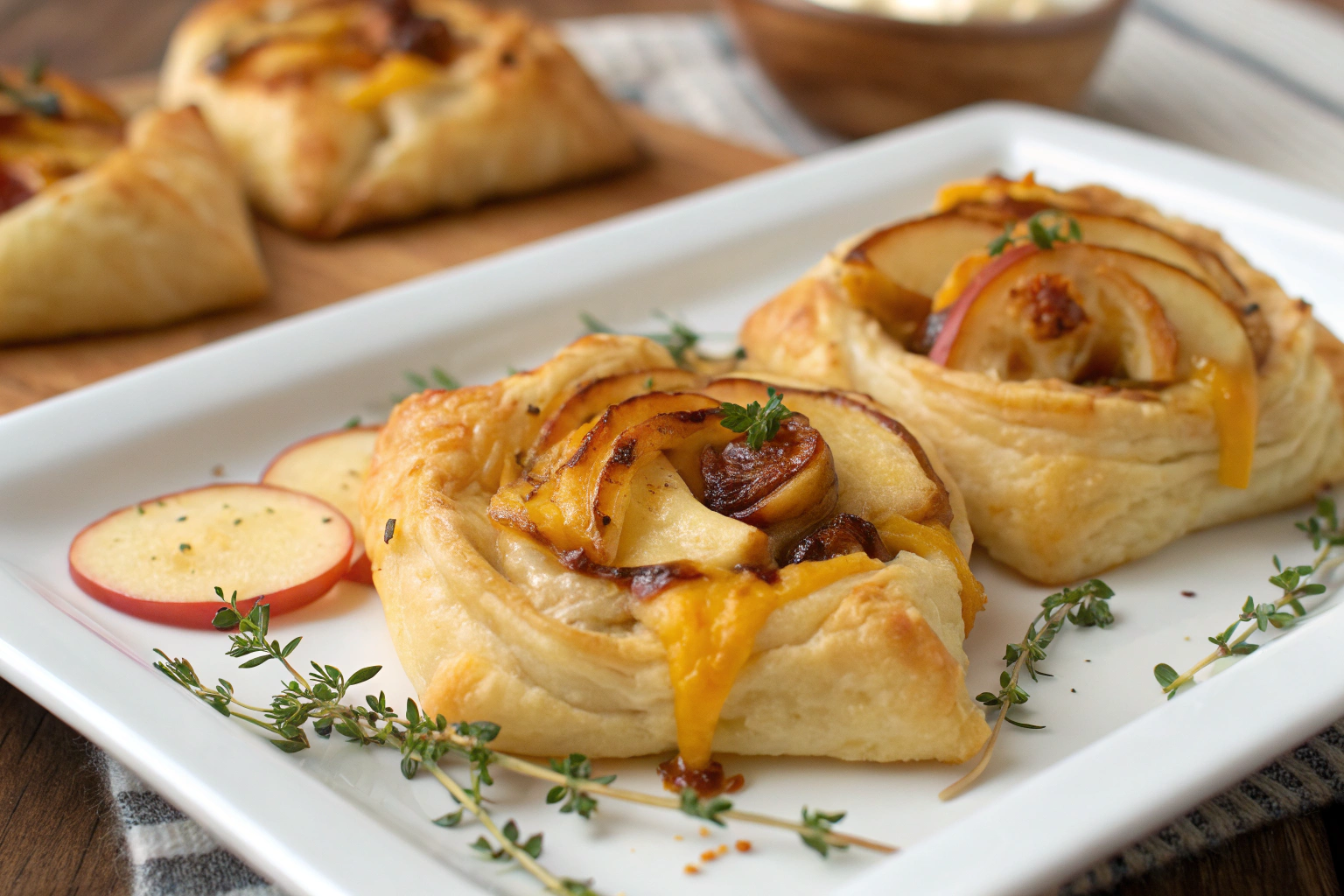 Crispy puff pastry bundle filled with fresh apple slices grated cheddar cheese caramelized onions honey glaze and chopped pecans on light gray countertop