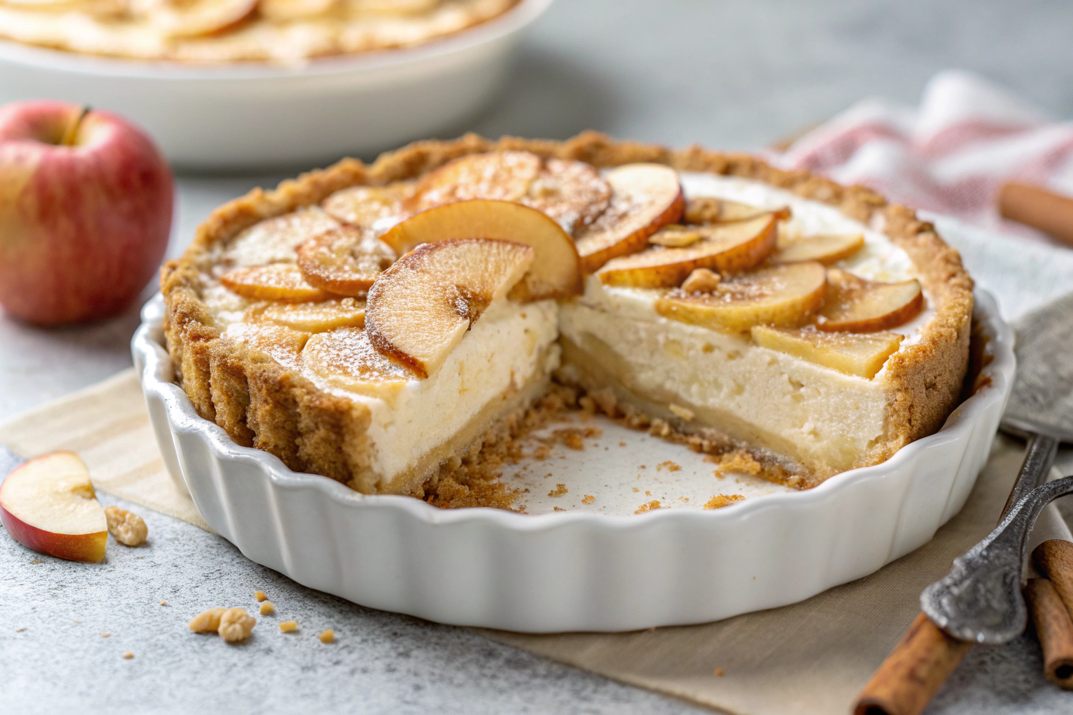 Apple Pie Stuffed Cheesecake in white dish with graham cracker crust fresh apple slices cinnamon sprinkle light gray countertop