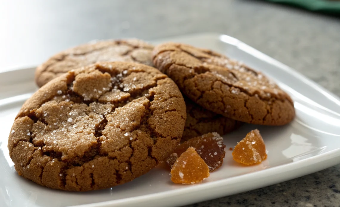 Discover the Best Chewy Molasses Ginger Cookies Recipe 1 Soft chewy molasses ginger cookie with dark glaze crisp sugar crust and visible crystallized ginger pieces on a white plate