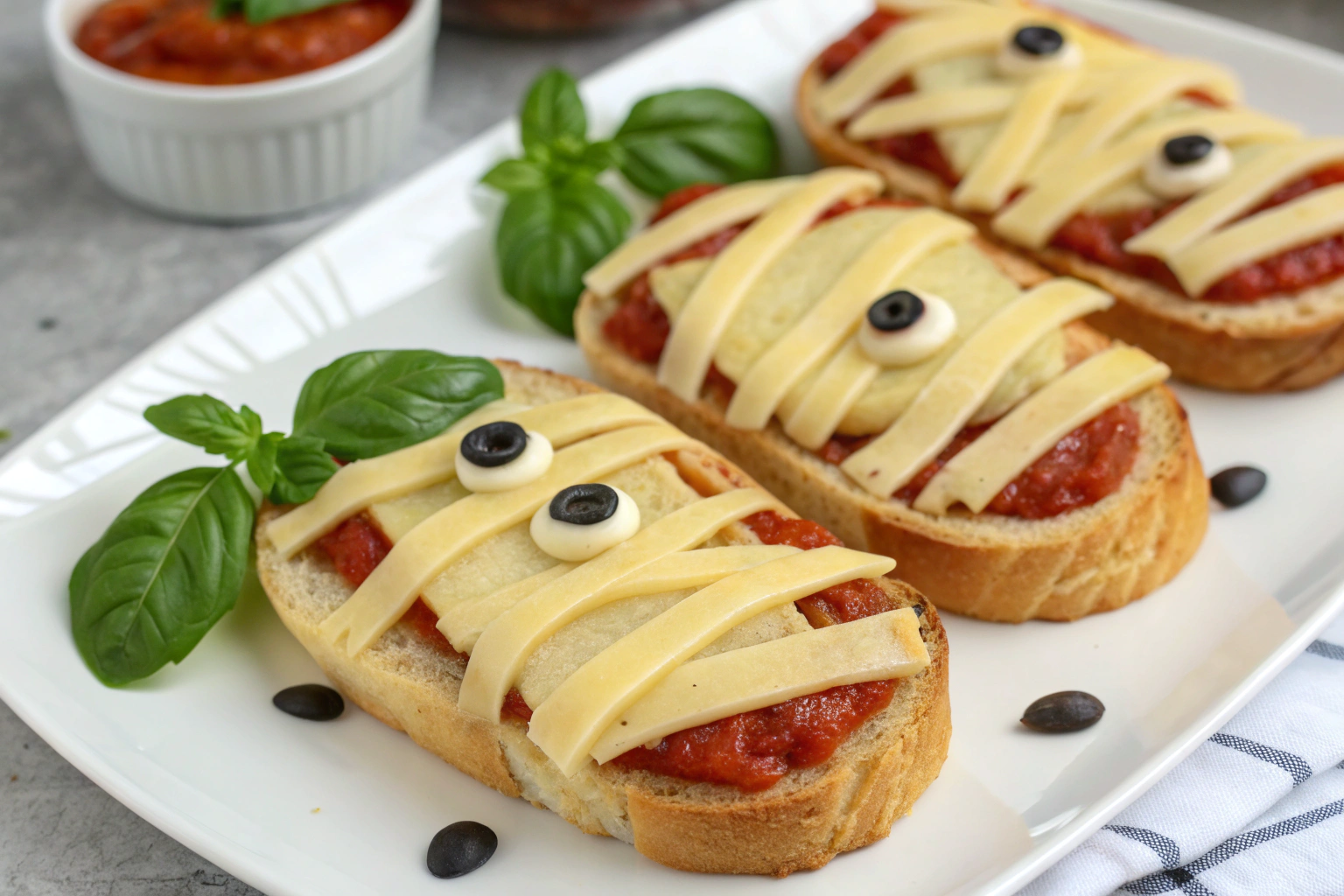 Garlic bread sticks topped with mozzarella cheese black olive eyes and fresh basil bandages on white plate