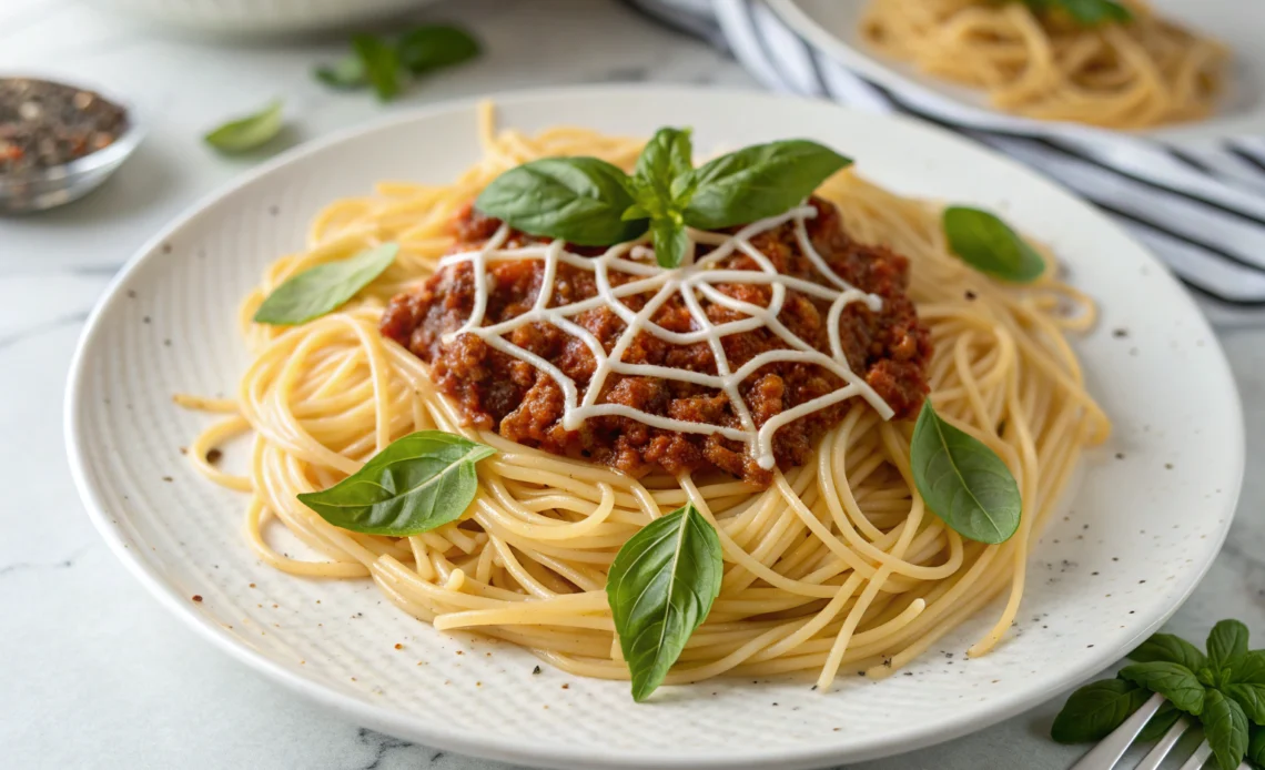 Spooky Sensations: 10 Must-Try Halloween Main Courses 1 Spiderweb pasta with meat sauce, fresh basil, and quinoa-stuffed peppers on white plates