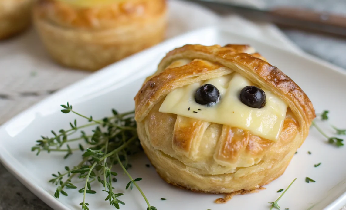 Discover the Secret to Perfect Mummy Brie Bites 1 Mummy Brie Bites with melted brie flaky puff pastry black olive eyes and fresh thyme on white plate