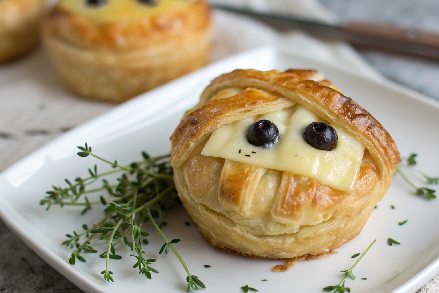 Discover the Secret to Perfect Mummy Brie Bites 4 Mummy Brie Bites with melted brie flaky puff pastry black olive eyes and fresh thyme on white plate