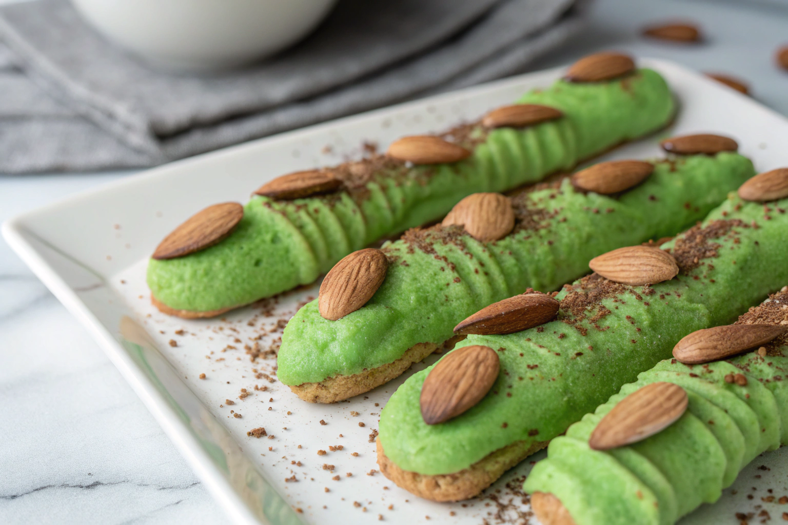 Discover the Proven Mummy Hot Dog Recipe for Halloween 4 Witch finger cookie with almond slices green icing and cocoa powder nail detail on white plate