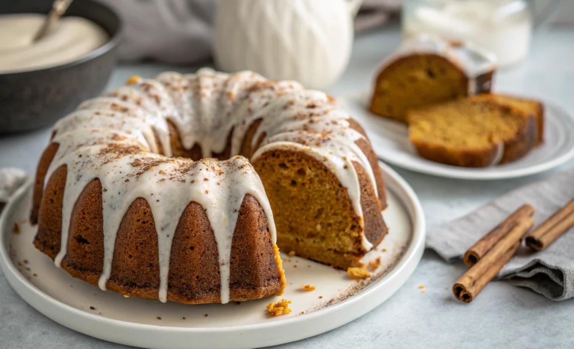 Proven Moist Pumpkin Bundt Cake Recipe: Healthy & Easy 1 Moist Pumpkin Bundt Cake with white chocolate glaze cinnamon dusting on white plate light gray countertop