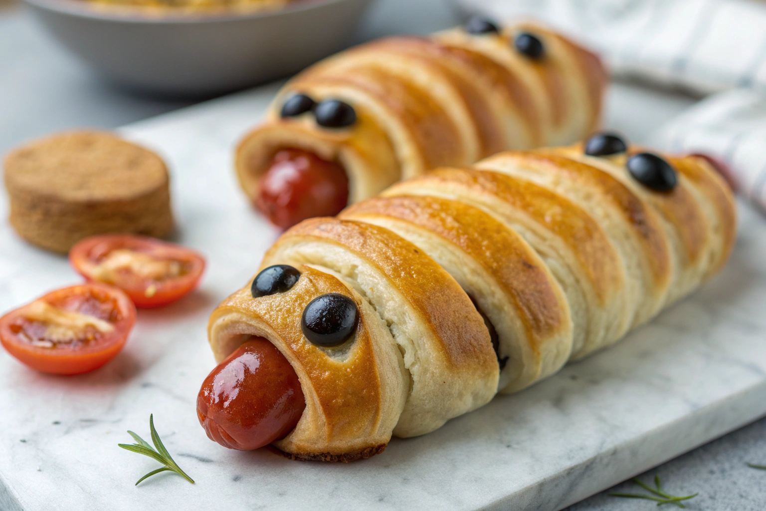Mummy hot dog wrapped in crescent roll dough with black olive eyes mustard highlights on a gray countertop