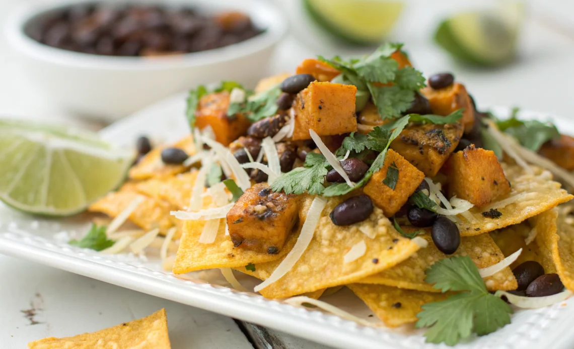 Proven Vegetarian Roasted Pumpkin Nachos Recipe 1 Roasted pumpkin cubes black beans melted cheese and tortilla chips on white plate with fresh cilantro lime