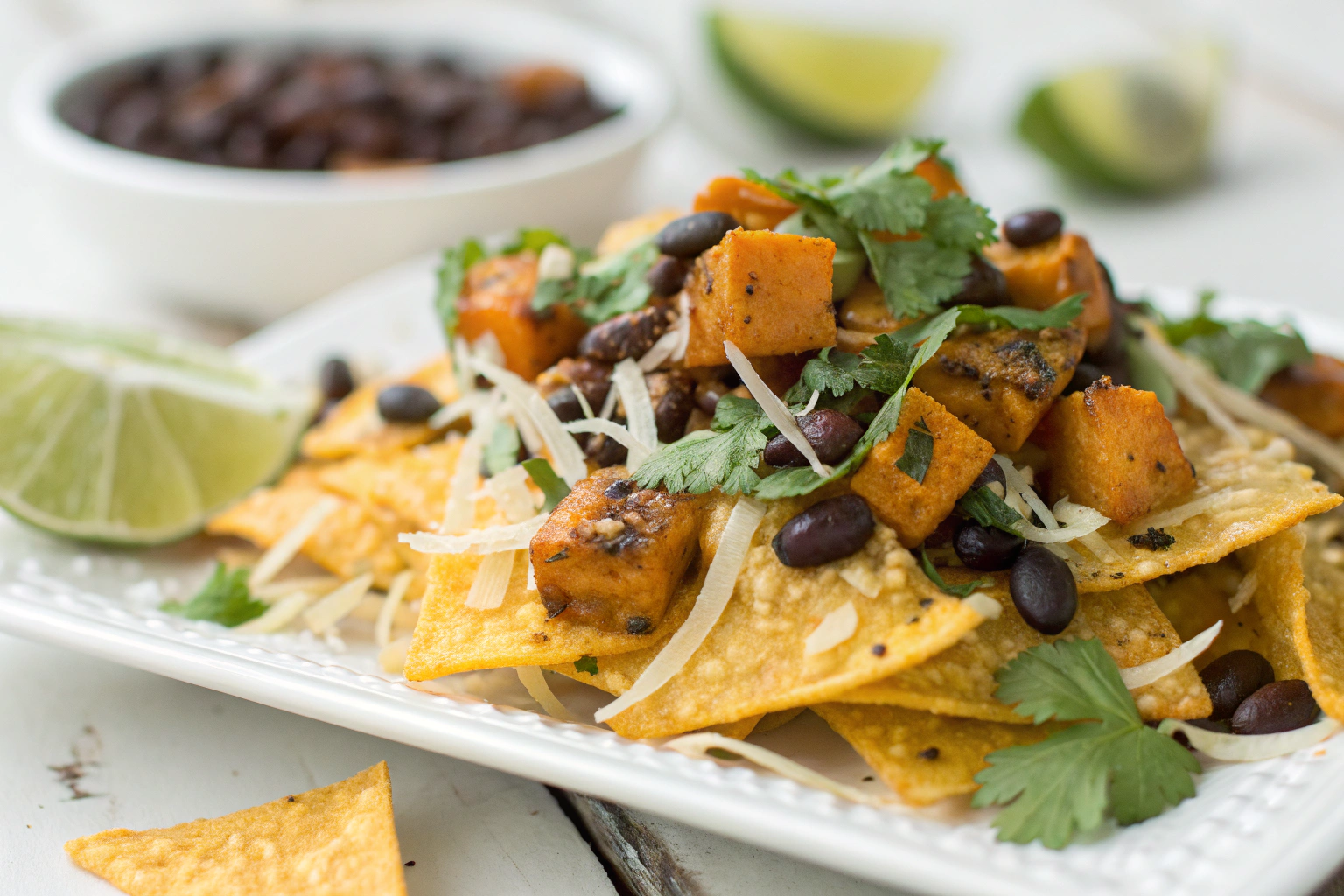 Proven Vegetarian Roasted Pumpkin Nachos Recipe 4 Roasted pumpkin cubes black beans melted cheese and tortilla chips on white plate with fresh cilantro lime