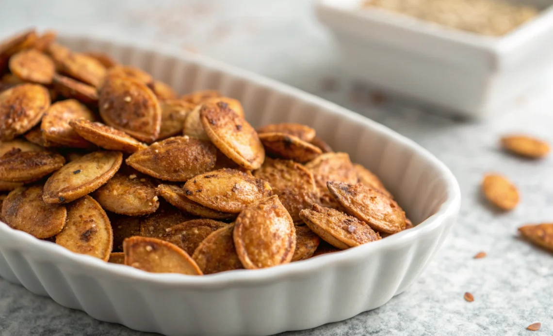 Discover the Healthy Snack Secrets of Roasted Pumpkin Seeds 1 Crispy roasted pumpkin seeds with salt and paprika on white plate
