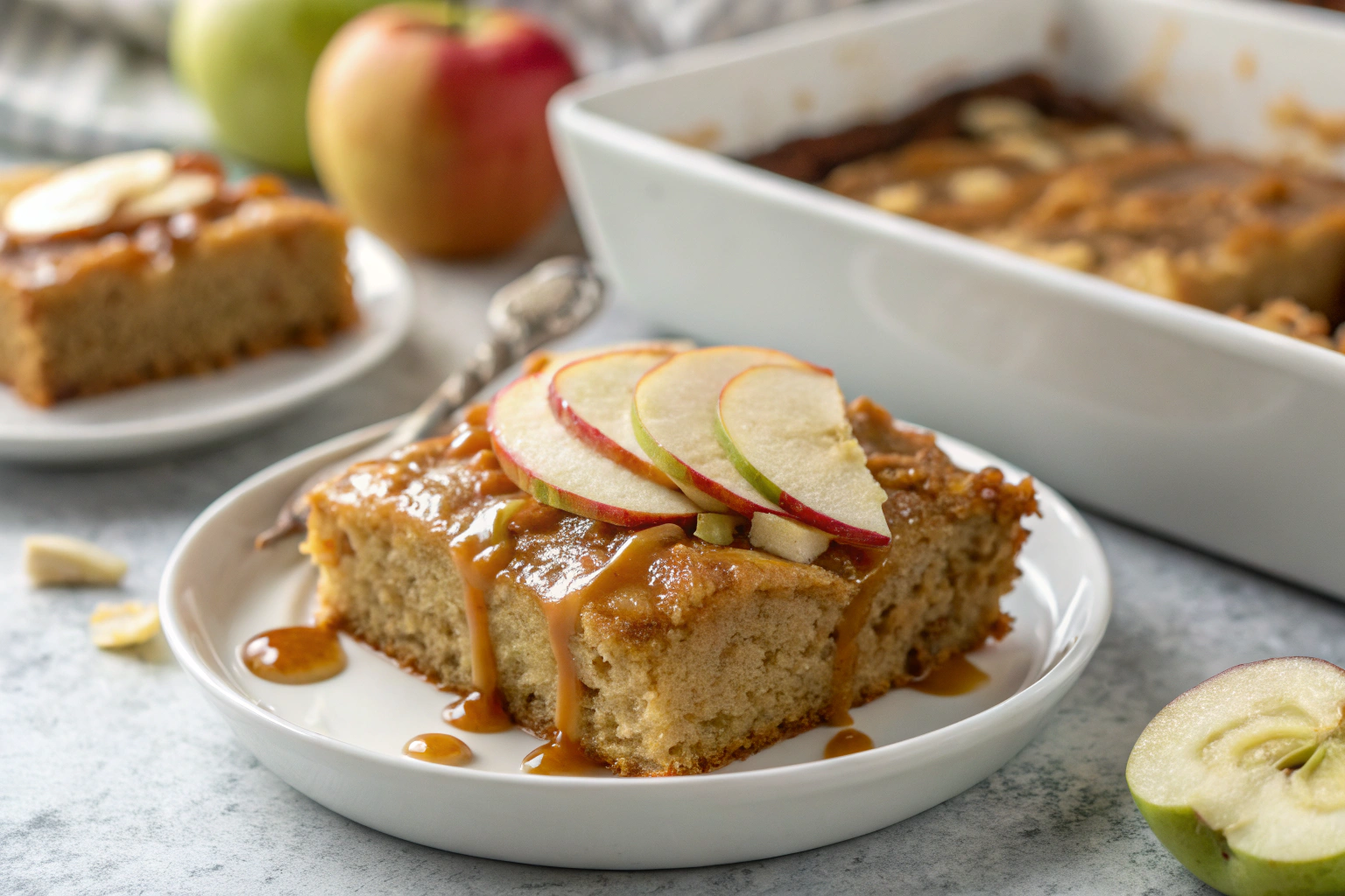 Salted caramel apple sheet cake with gooey caramel sauce fresh apple slices and a moist crumb on a gray countertop styled by Gordon Ramsay