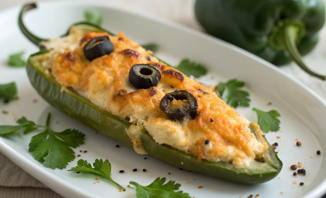 Ultimate Spooky Stuffed Jalapeño Recipe 1 Crispy stuffed jalapeños with cream cheese cheddar filling and black olive pupils on white plate under soft lighting