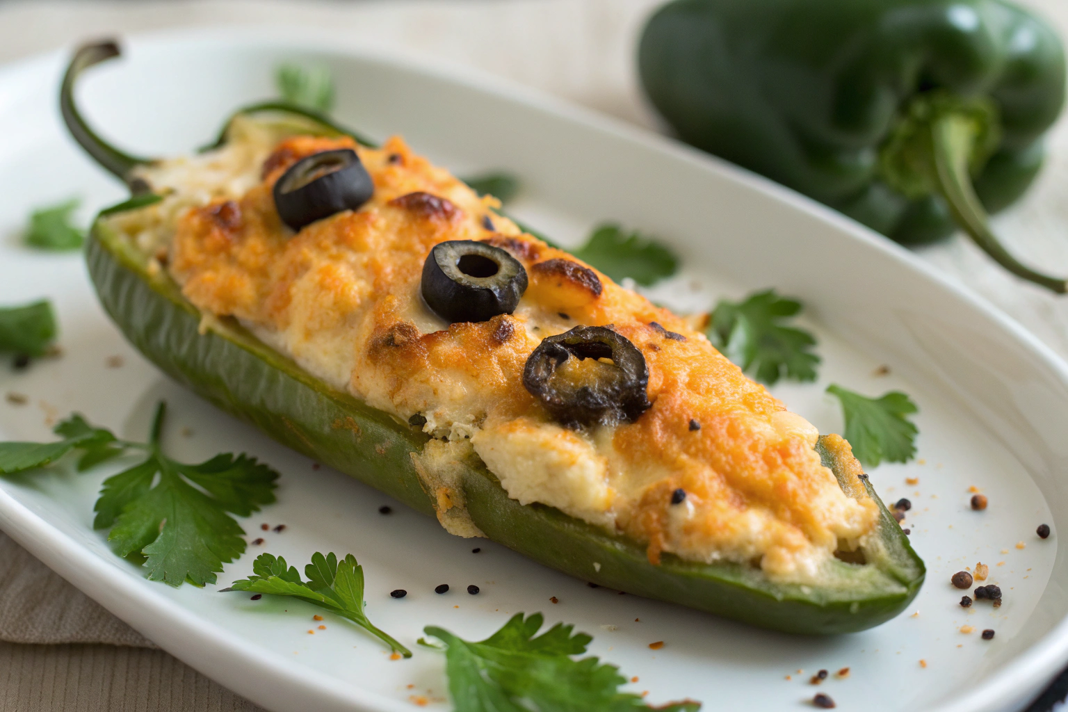 Ultimate Spooky Stuffed Jalapeño Recipe 4 Crispy stuffed jalapeños with cream cheese cheddar filling and black olive pupils on white plate under soft lighting