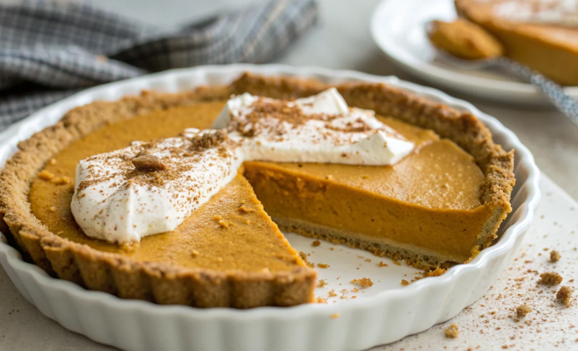 Vegan Pumpkin Pie: The Easiest 3-Ingredient Recipe You'll Love 1 Vegan pumpkin pie with graham cracker crust, creamy silken tofu filling, and cinnamon sprinkles on white dish