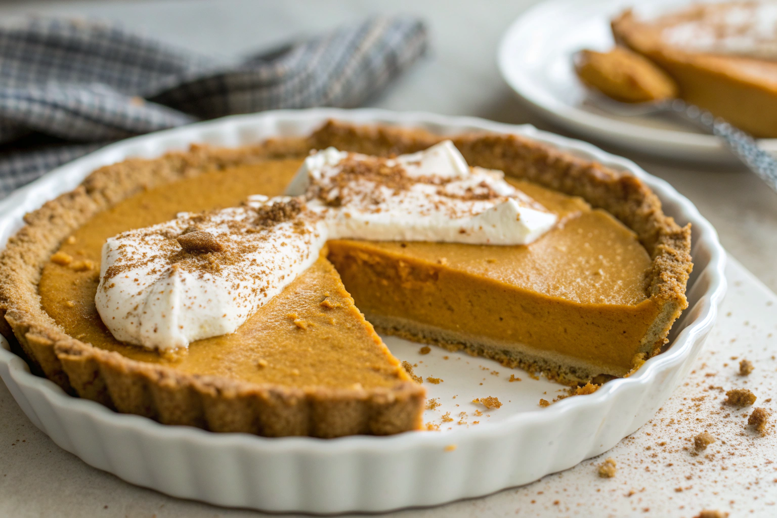 Vegan Pumpkin Pie: The Easiest 3-Ingredient Recipe You'll Love 4 Vegan pumpkin pie with graham cracker crust, creamy silken tofu filling, and cinnamon sprinkles on white dish
