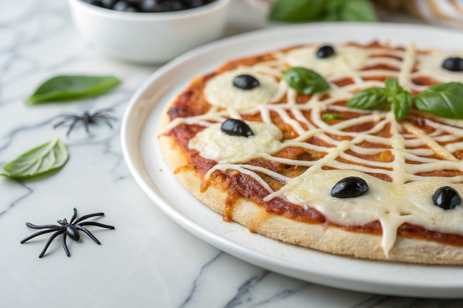 Spider pizza with cheese web olive eyes fresh basil and crispy dough legs on white plate